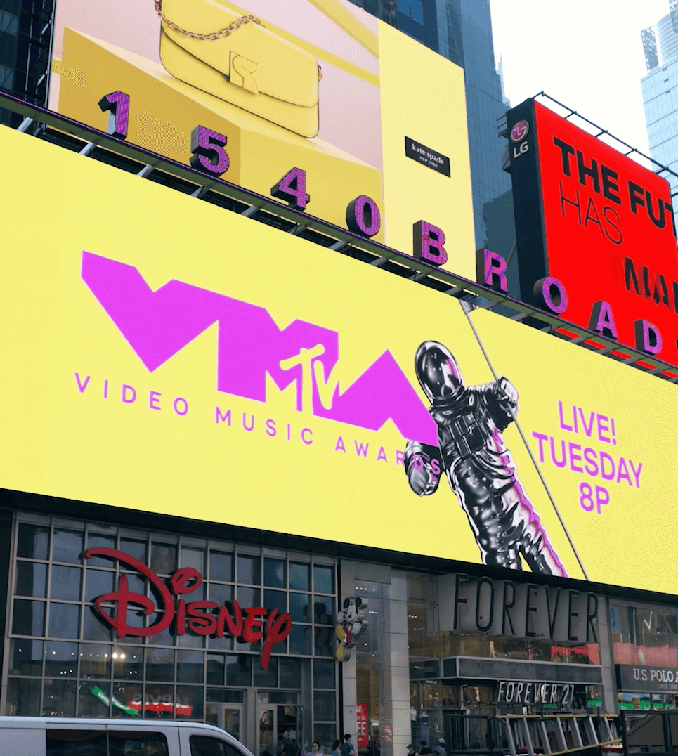 An image of a billboard in New York City containing motion content Supermassive created for the MTV Video Music Awards
